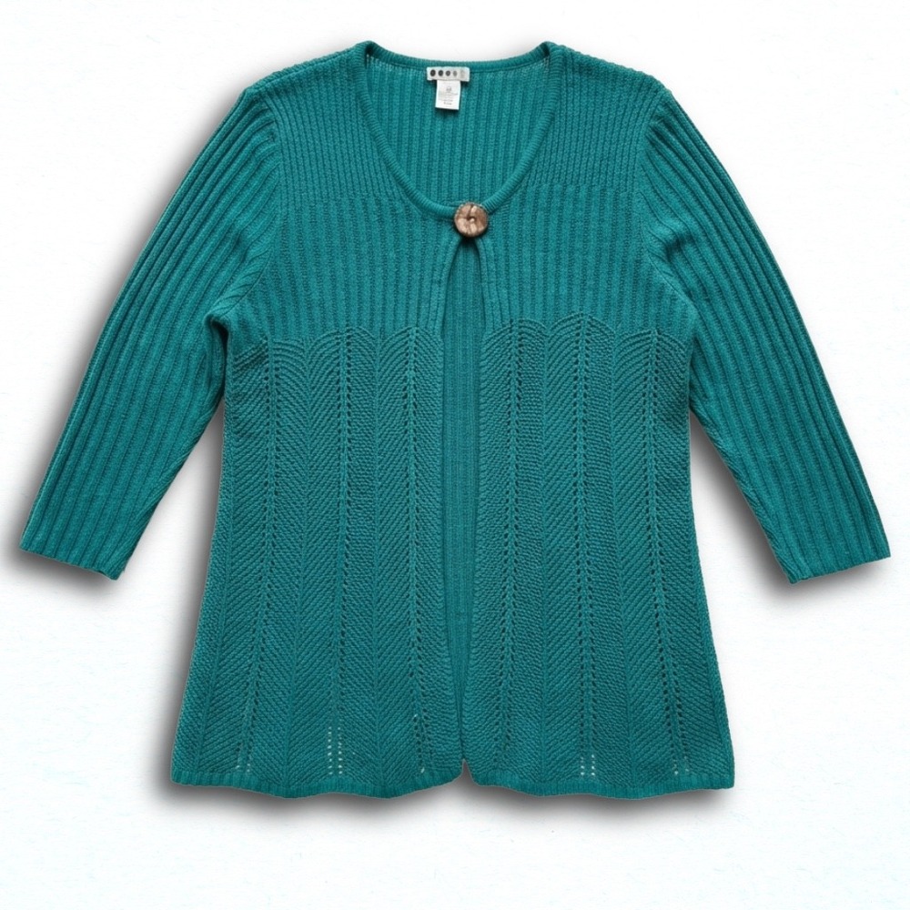 89th & Madison Womens 2X Teal Blue Pointelle Knit Single Button Cardigan Sweater
